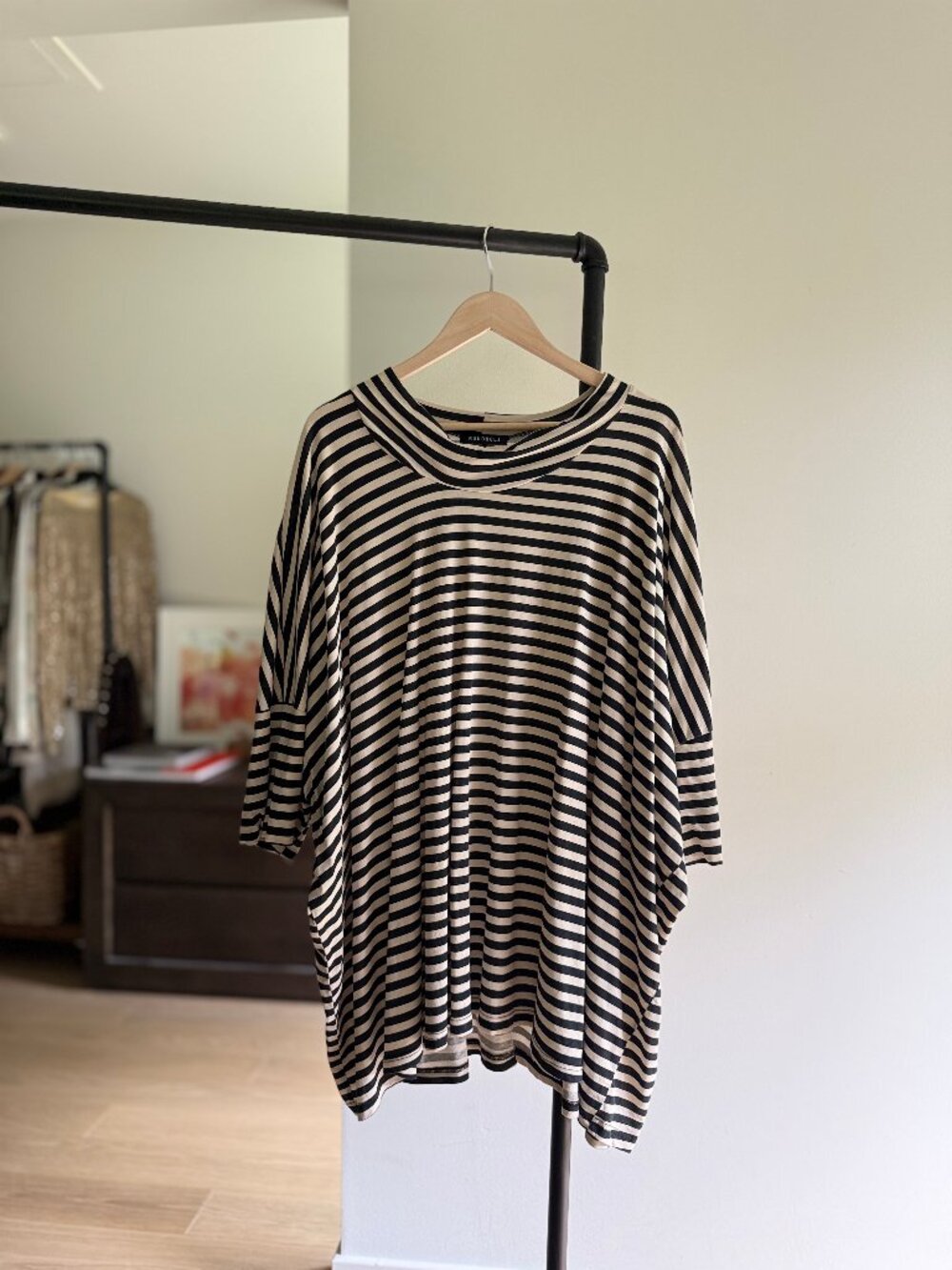 Rundholz Women's Cream Black Stripe Cotton Oversized Lagenlook Tunic Shirt M